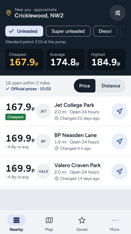 Pump Prices listing nearby forecourts with their prices
