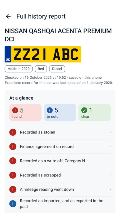 A full history report, with what it found first: recorded as stolen, a finance agreement on record, and recorded as a write-off, Category N