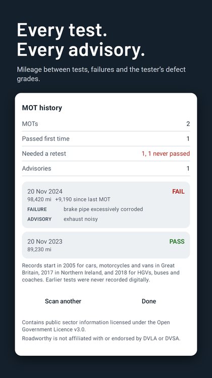 A car's MOT history, with a failure and its defects