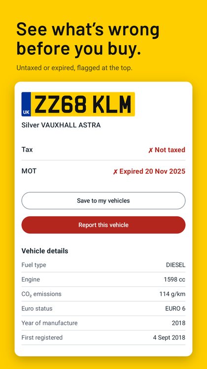 A car that is untaxed and whose MOT has expired, with a button to report it