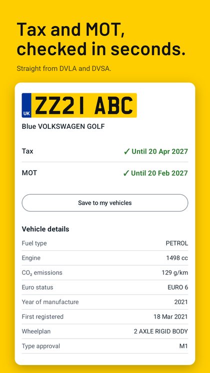 A car's tax and MOT, both valid, with its vehicle details
