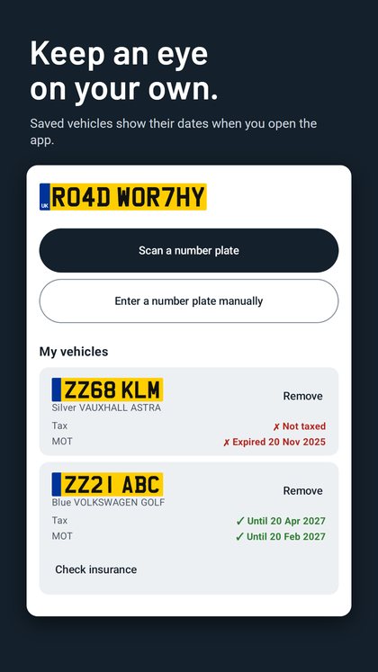 Two saved vehicles with their tax and MOT dates